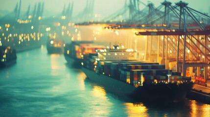 Fully packed container ship, navigating through a bustling port, reflecting global trade