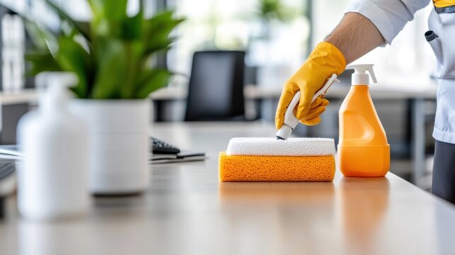 Cleaning supplies, including a spray bottle and sponges, are neatly organized on an office desk, accompanied by a green houseplant, suggesting cleanliness and freshness.