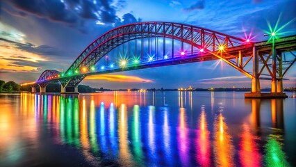 Obraz premium Rainbow colored lights illuminating Mahakam Bridge in Samarinda, Indonesia
