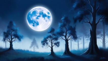 Fototapeta premium Beautiful moon wallpaper with a glowing moon and silhouettes of trees