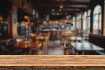 Wood table top in Bar with blur light bokeh in dark night cafe,restaurant background. Lifestyle and celebration concepts ideas