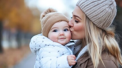 Obraz premium Outdoors in autumn, a mother in warm clothing lovingly kisses her child, sharing a moment of warmth, togetherness, and maternal love while enjoying nature.
