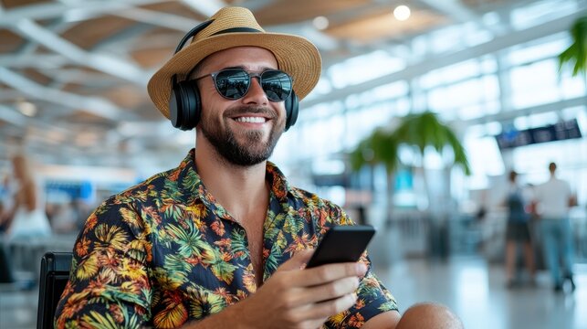 A cheerful traveler at an airport, wearing headphones and a tropical shirt, exudes relaxation and happiness, ready to embark on a joyous vacation journey.