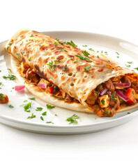 Delicious indian chicken tikka masala wrap served on white plate