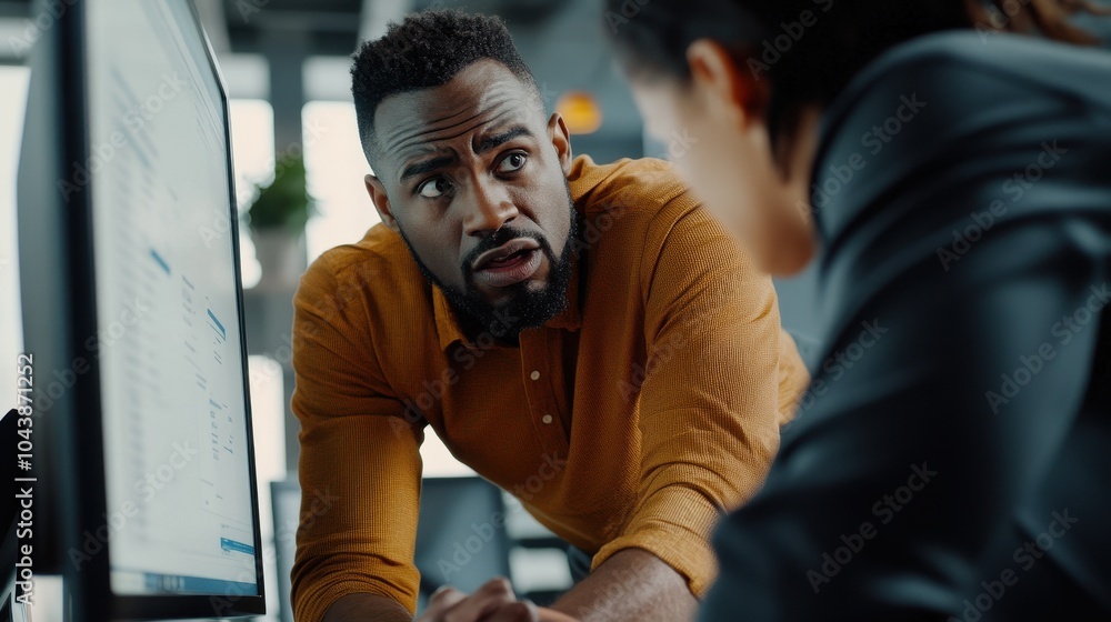 Poster man engaged in discussion over computer monitor
