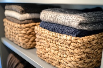 Obraz premium Stacked Knitted Sweaters in Wicker Baskets on a Shelf