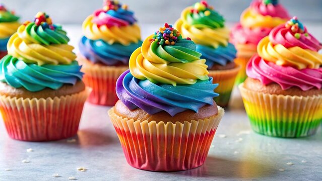 Rainbow frosting cupcakes with sprinkles in a sweet delights setting