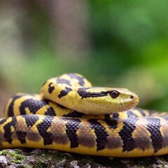 Obraz premium extreme macro shot of a snake coiled body, with a single scale in sharp focus, while the surrounding coils and the background gradually fade into a soft blur, emphasizing the snake's intricate form