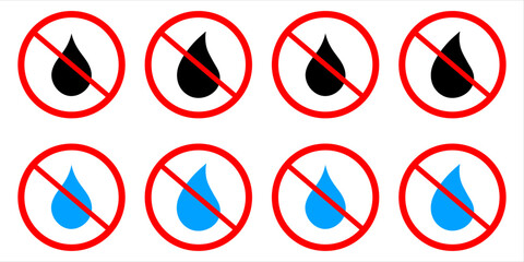 Set of no water and no ink drop icons. Red prohibition signs over black and blue droplets. Ideal for labels, packaging, or warning signs for waterproof or non-ink usage instructions. Icons, vector.
