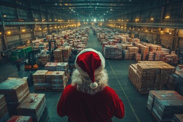 Santa Claus Standing In Warehouse Filled With Christmas Presents