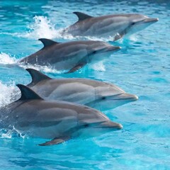 A medium shot, ultra-realistic photo of a group of dolphins swimming in formation, with deep focus capturing the dynamic energy and coordinated movement as they cut through the water.