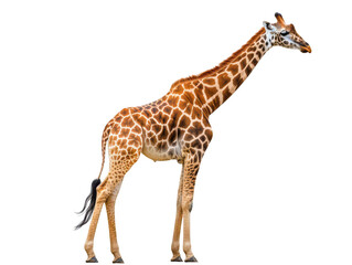Obraz premium A majestic giraffe stands gracefully, showcasing its unique spotted coat against a white background.