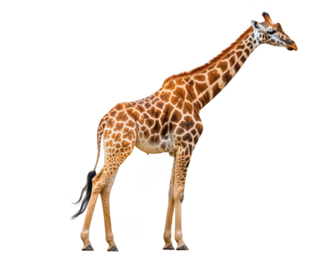 A majestic giraffe stands gracefully, showcasing its unique spotted coat against a white background.
