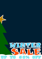 Banner, winter sale up to fifty percent, dark blue background, in vertical and copy space.