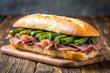 Sandwich Serranito typical in Andalusia with ham, green pepper, and grilled pork loin