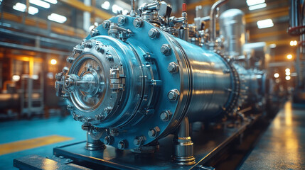 Fototapeta premium Rustic, weathered industrial pump with exposed mechanics, highlighting rugged metal textures. Machinery and heavy equipment theme