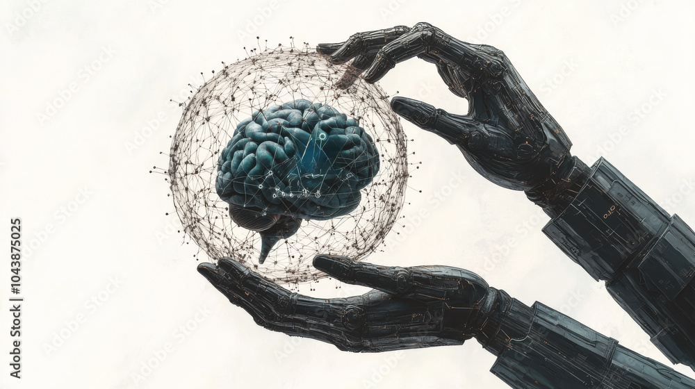 Poster robotic hands holding a floating brain symbolizing artificial intelligence and advanced technology