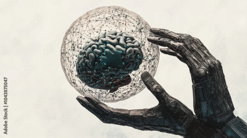 Poster robotic hands holding a floating brain symbolizing artificial intelligence and advanced technology
