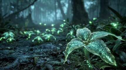 A mystical forest with glowing plants, ethereal and serene.