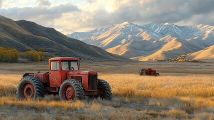 Naklejka premium Vintage tractors in a scenic mountain landscape.