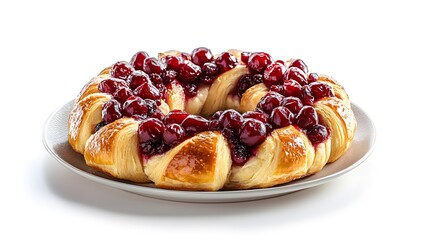 Delicious cherry pastry ring on white plate for dessert lovers