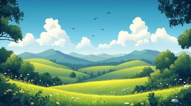 idyllic summer landscape featuring rolling hills adorned with lush green grass and a brilliant blue sky dotted with white fluffy clouds presented in a flat cartoon style illustration