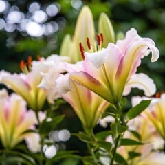Fototapeta premium A medium shot low angle photo of a cluster of lilies, with soft focus enhancing the elegant shape and vibrant colors of the flowers.