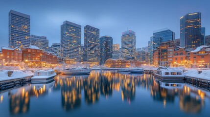 Winter cityscape with buildings and boats by the water.