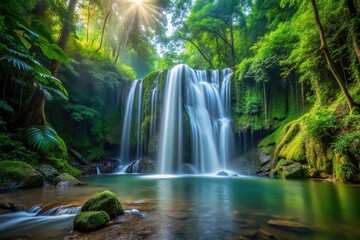 rainforest waterfall with flowing liquid metal and luminescent undergrowth