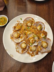 Grilled Scallops with Garlic Butter. Thai street food. Seafood concept. Food menu