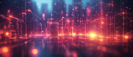 Fototapeta premium Futuristic Cityscape with Red and Blue Neon Lights, Abstract Digital Art, Technology Background