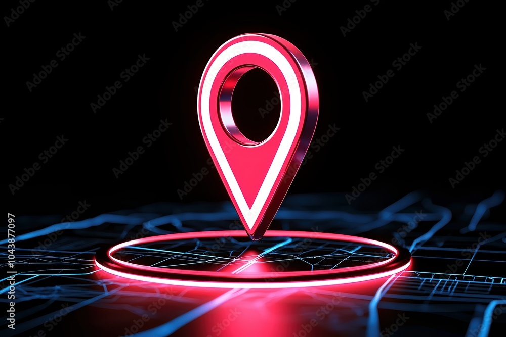 Poster 3d neon map pin icon on a dark background representing location services and navigation.