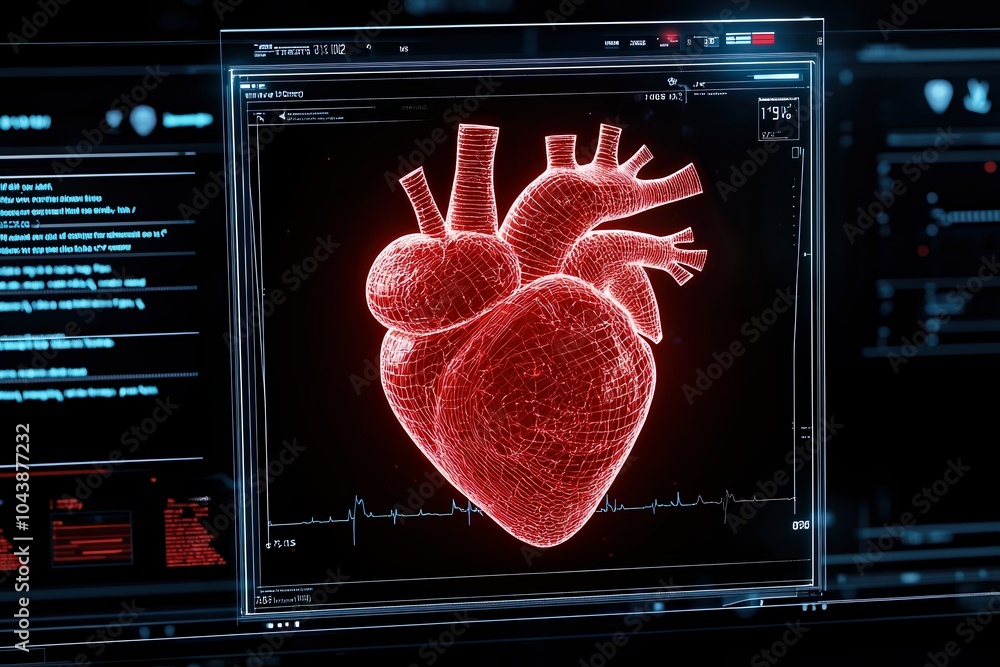 Poster 3d render of a human heart model with digital interface and monitoring graphics.