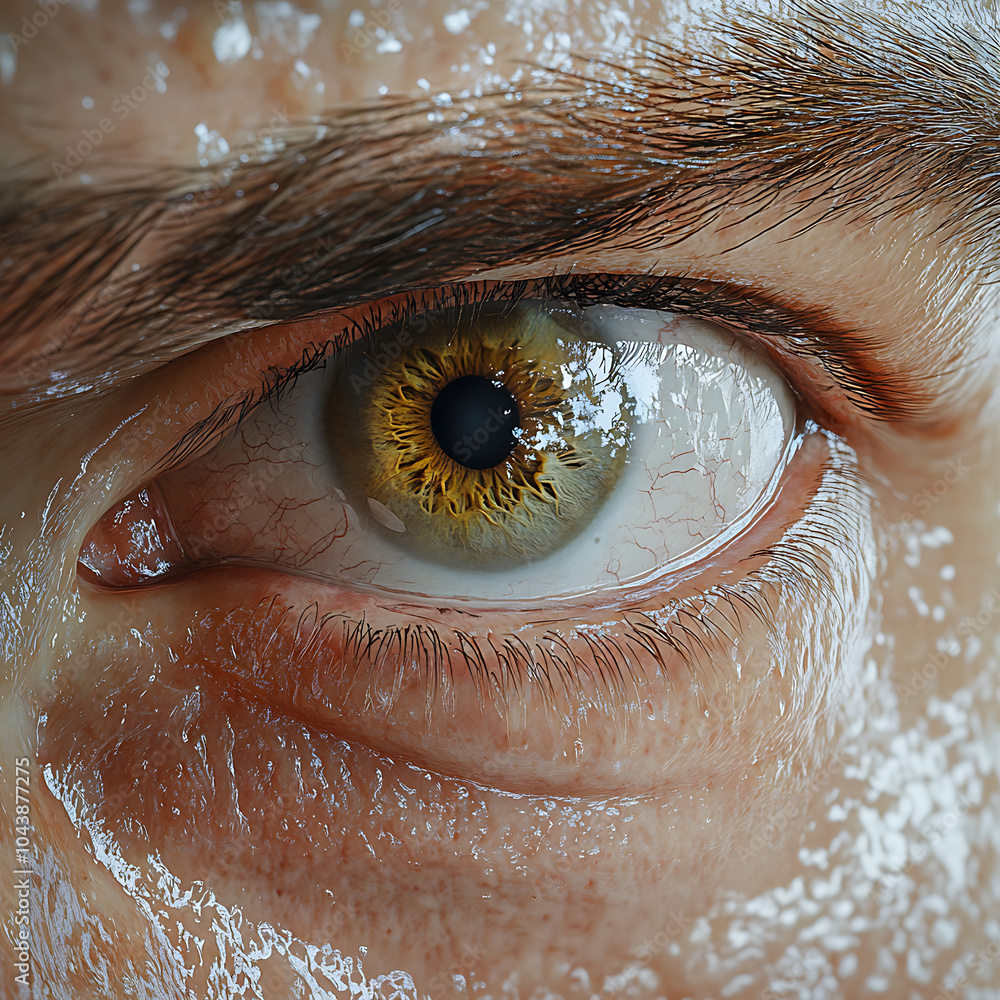 Poster a close up view of human eye showcasing intricate details, including unique patterns of iris and tex