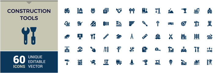 Construction tools solid icons set. Includes filled tools, builder, tool box, construction tools, carpenter, construction and more. Outline symbol collection. Editable vector icon and illustration.