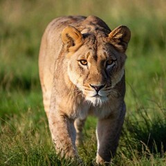 Obraz premium A macro photo of a lioness stalking through tall grass, deep focus on the tension in its muscles and its focused eyes, high-angle shot capturing its full body in mid-step, demonstrating the grace and