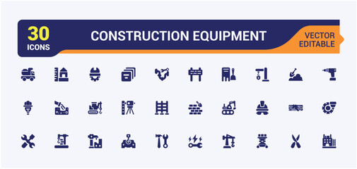 Construction tools solid icons set. Containing construction tools, carpenter, builder, tool box, construction, tools and more. Perfect for logos and infographics. Editable sign. Vector illustration.