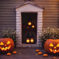 Obraz premium Halloween house decorations outside with candles and pumpkins