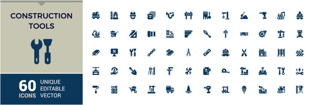 Construction tools solid icons set. Includes filled tools, builder, tool box, construction tools, carpenter, construction and more. Outline symbol collection. Editable vector icon and illustration.