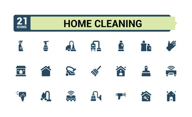 Home Cleaning solid web icon set. Perfect for UI designs featuring housework, hygiene, home cleaning, cleaning product, cleaning, house cleaning and more. Vector illustration in modern filled style.
