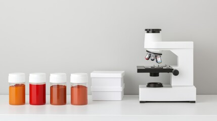 A white microscope sits on a lab bench beside several small jars containing various colored powders.