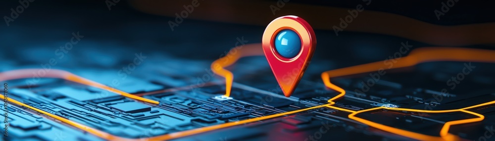 Poster a digital map with a location pin symbol on a circuit board background.