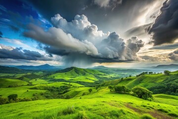 Obraz premium Rainy season scenery with monsoon clouds covering sky and green grass covered hills