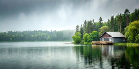 Fototapeta premium Rainy weather over a minimalist lake house landscape