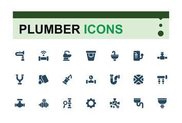 Plumbing Solid icons set. Includes filled hydraulics, pipework, pipe maintenance, sewerage, water systems, piping and more. Minimal Glyph icons. Editable symbol.