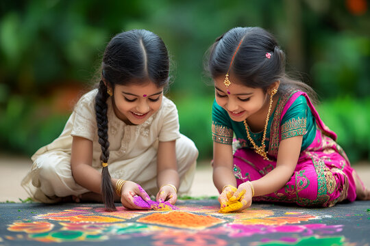 Joyful Diwali celebration with children creating rangoli