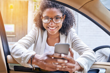 Happy, portrait and black woman with phone by car for travel service, transportation or commute in city. Young African, female person or tourist with smile on mobile smartphone for drive app in town