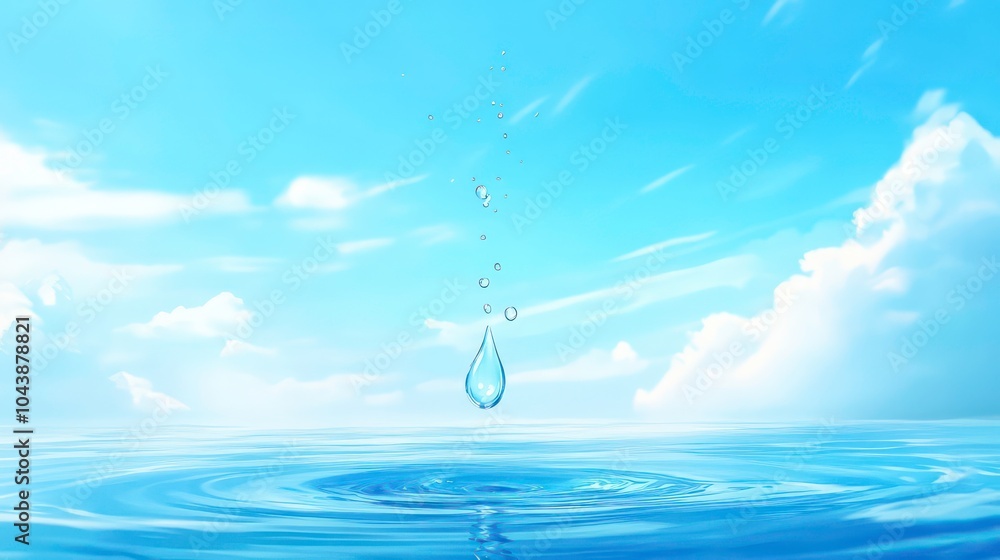 Poster a single water drop falls into a still body of water creating a ripple effect. the blue sky and whit