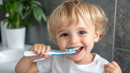 A cheerful young child with blond hair happily brushing teeth, demonstrating good dental hygiene practices with a bright smile, standing in a modern bathroom. - Powered by Adobe