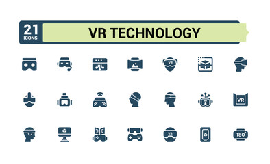 Virtual Reality icons in solid style. Includes filled augmented simulation, 3d simulation and more. UI icon set in flat design. Editable sign.